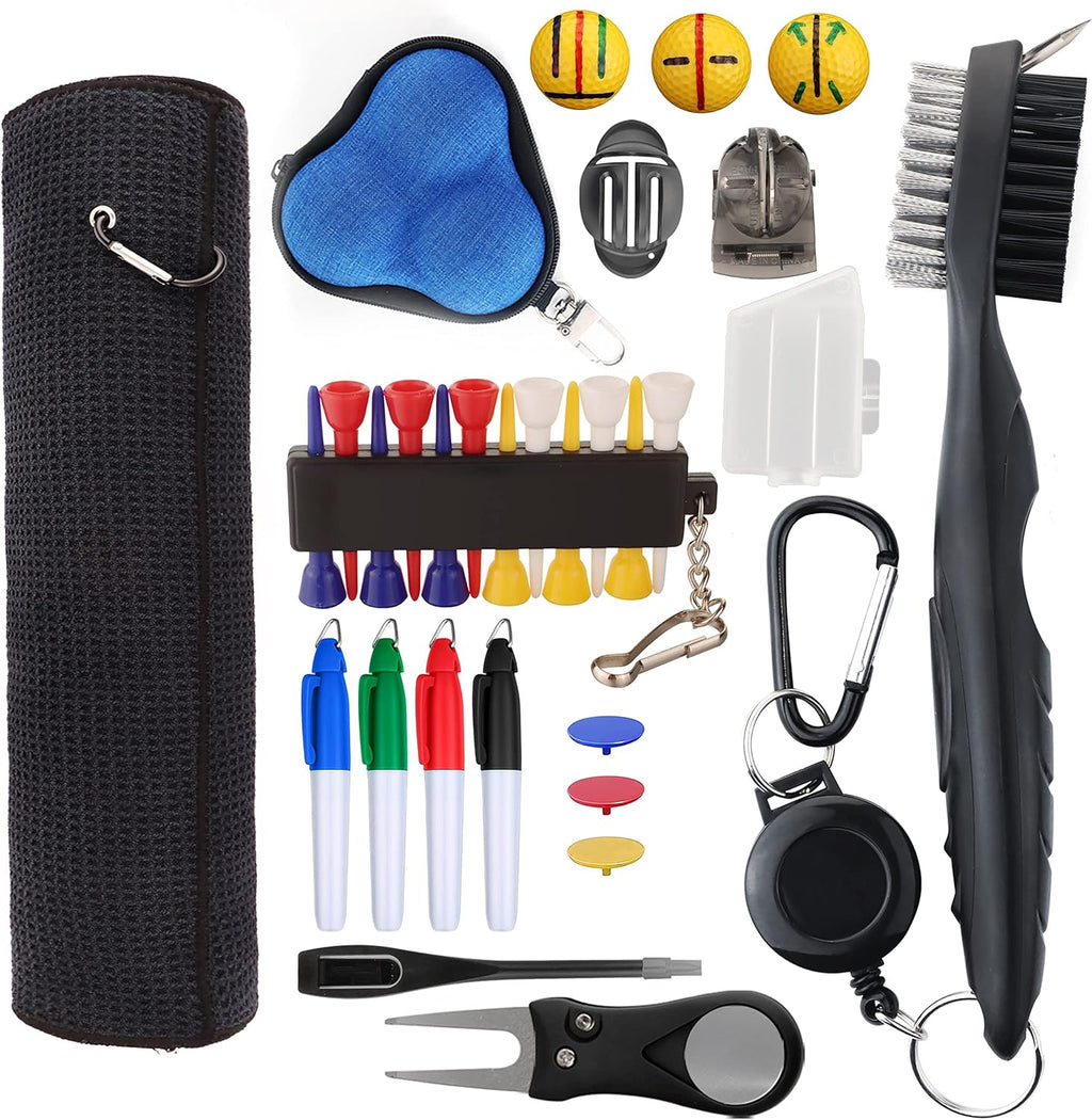 Comprehensive 29-in-1 Golf Essentials Kit - Includes Golf Towel, Club Brush, Gift Golf Balls, Line Stencils and Pens, Tees, Markers, and Divot Repair Tool - Premium Accessories for Golf Enthusiasts