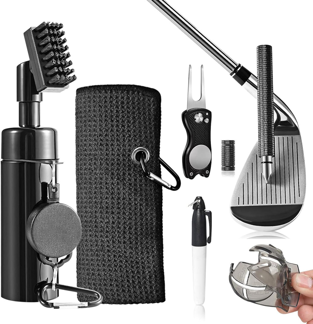 Professional Golf Club Cleaning Kit with Water Brush, Towel, Divot Repair Tool, Groove Sharpener, and Golf Ball Alignment Accessories