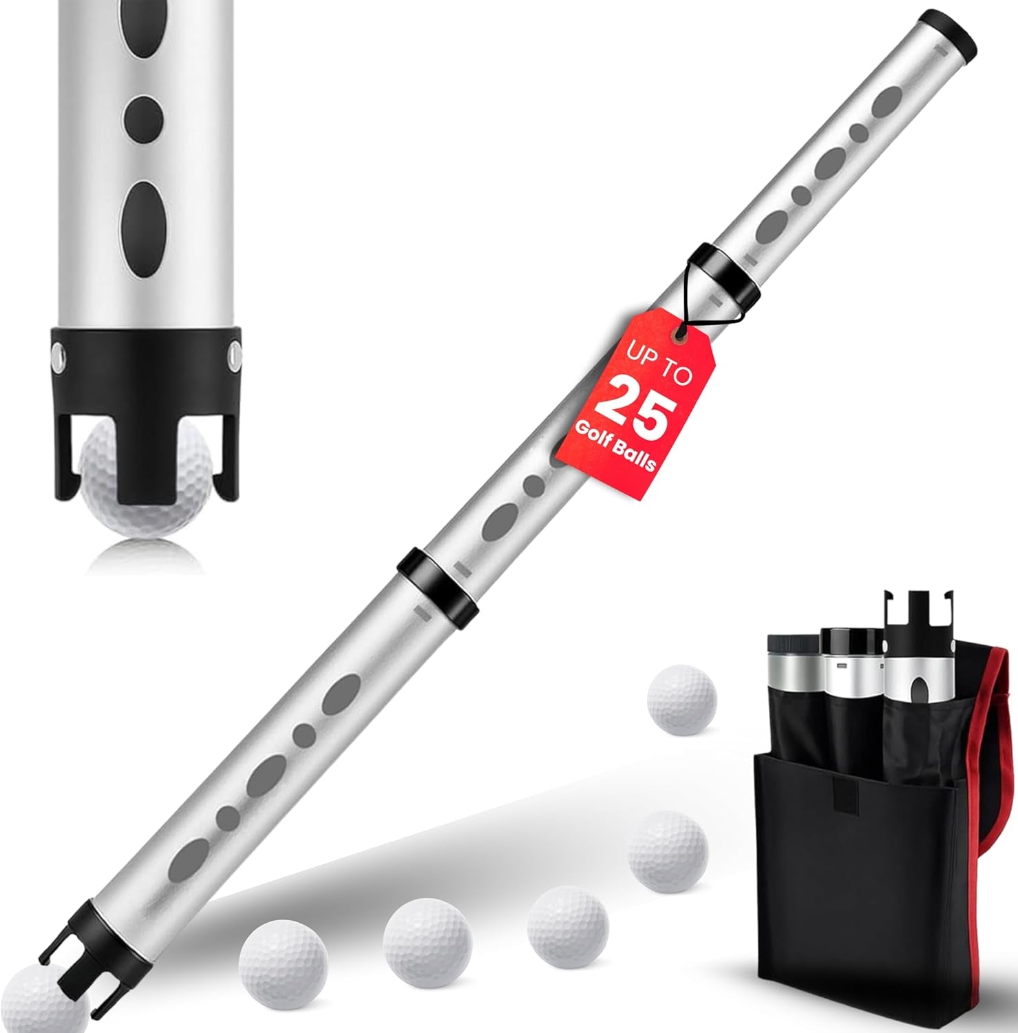 Premium Telescopic Golf Ball Retriever and Accessories Set: Includes Golf Tees, Ball Cleaner, Stamp, Holder, and Practice Balls