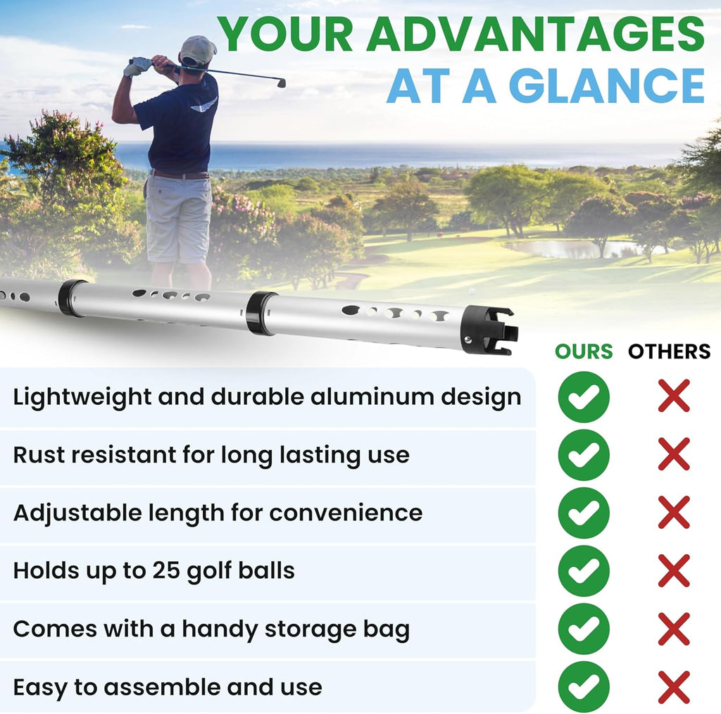 Premium Telescopic Golf Ball Retriever and Accessories Set: Includes Golf Tees, Ball Cleaner, Stamp, Holder, and Practice Balls