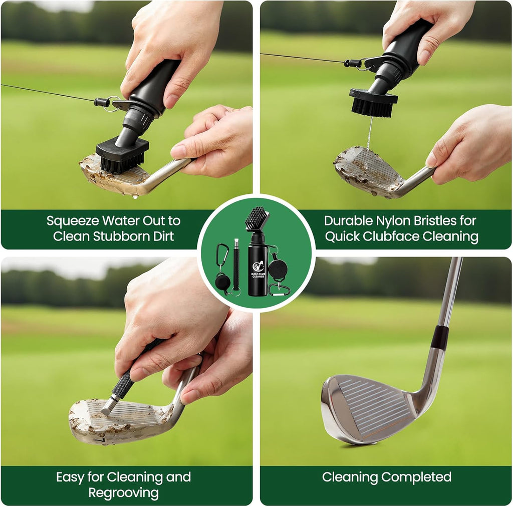 Golf Club Brush Cleaner with Groove Sharpener, Includes 3 Replacement Brush Heads and 2 Retractable Clips - Essential Golf Accessories for Men, Ideal Golf Gifts and Cleaning Kit