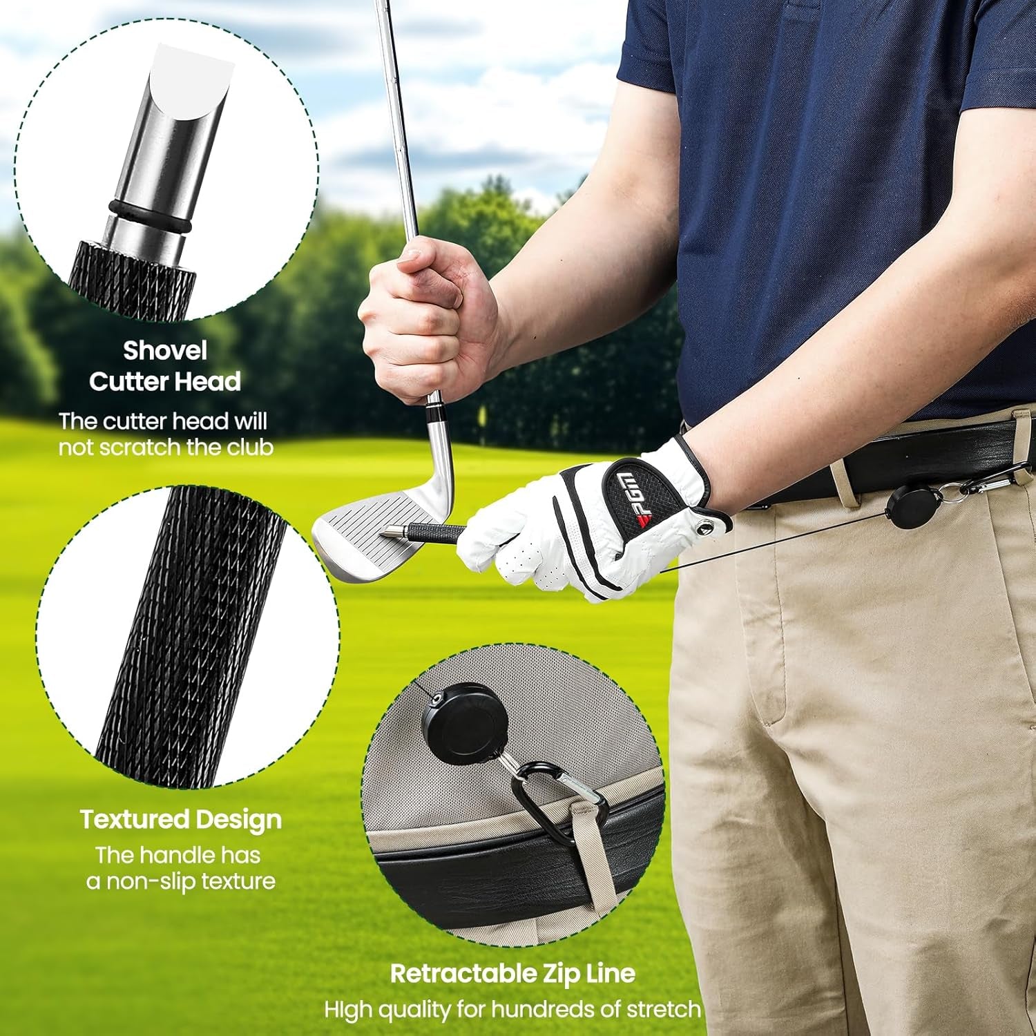 Golf Club Brush Cleaner with Groove Sharpener, Includes 3 Replacement Brush Heads and 2 Retractable Clips - Essential Golf Accessories for Men, Ideal Golf Gifts and Cleaning Kit