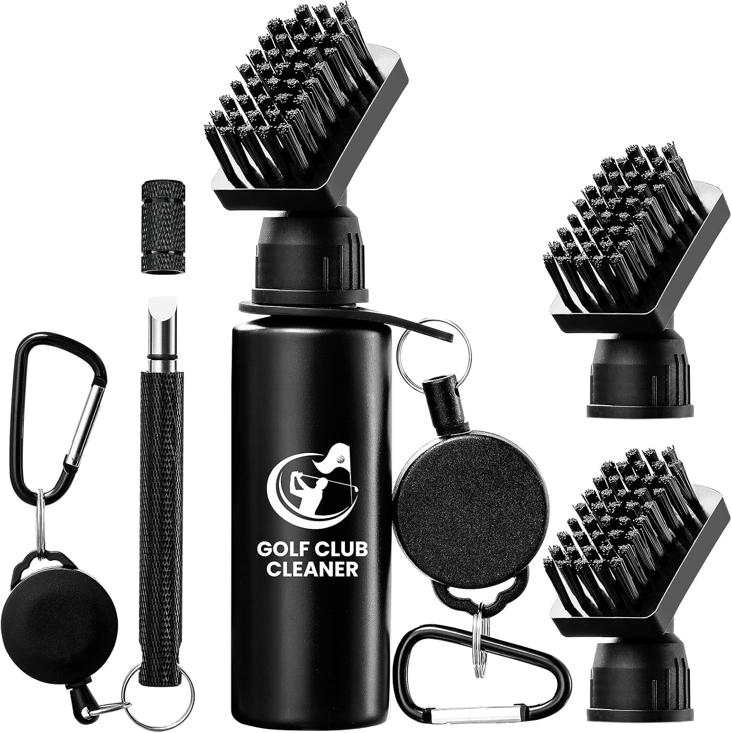 Golf Club Brush Cleaner with Groove Sharpener, Includes 3 Replacement Brush Heads and 2 Retractable Clips - Essential Golf Accessories for Men, Ideal Golf Gifts and Cleaning Kit