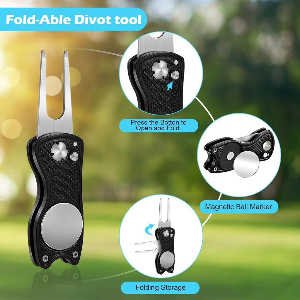 Professional Golf Club Cleaning Kit with Water Brush, Towel, Divot Repair Tool, Groove Sharpener, and Golf Ball Alignment Accessories