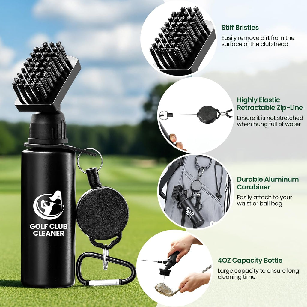Golf Club Brush Cleaner with Groove Sharpener, Includes 3 Replacement Brush Heads and 2 Retractable Clips - Essential Golf Accessories for Men, Ideal Golf Gifts and Cleaning Kit