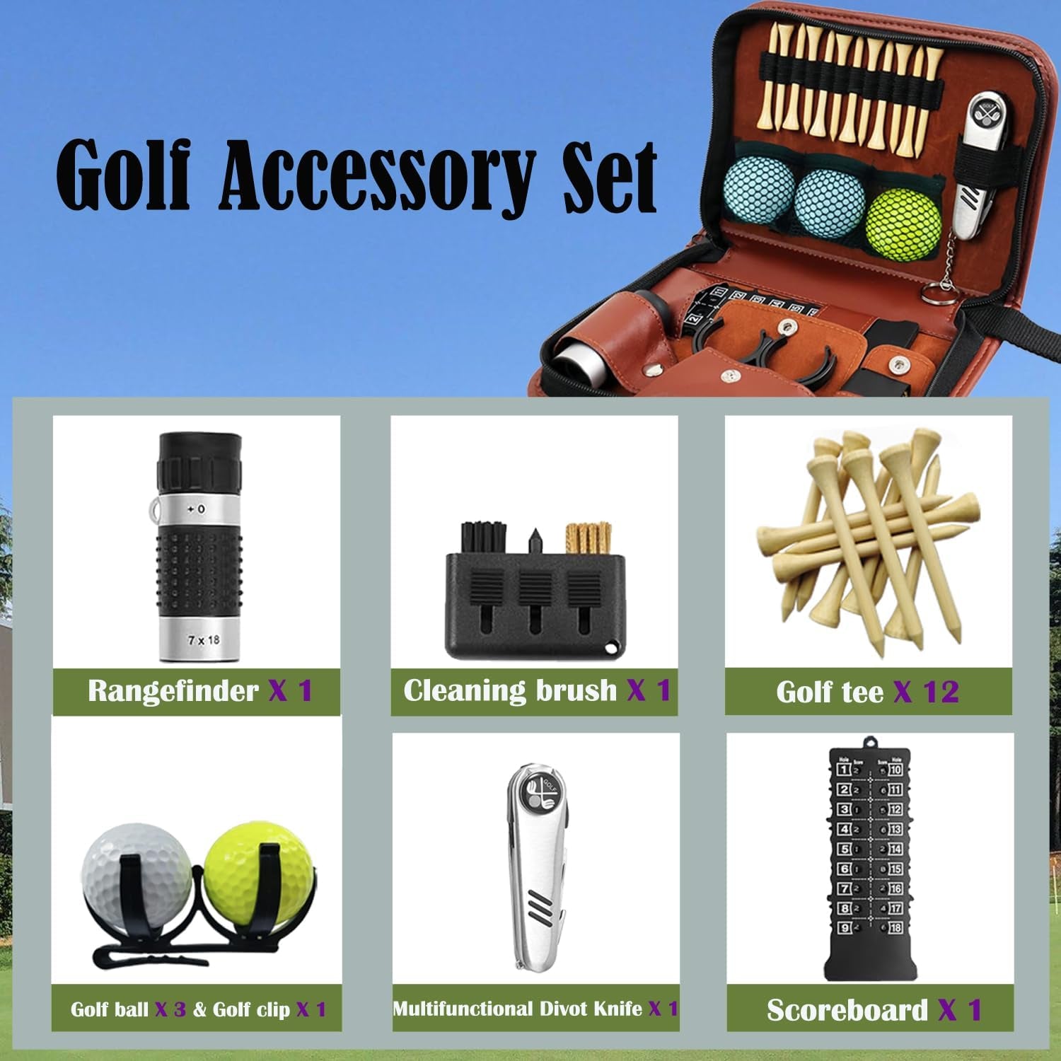 Men's Golf Accessories Kit: Comprehensive Gift Set with Rangefinder, Multi-Function Clubs, Golf Balls, Brushes, Scorekeeper, Shafts, Clips, and Gift Boxes