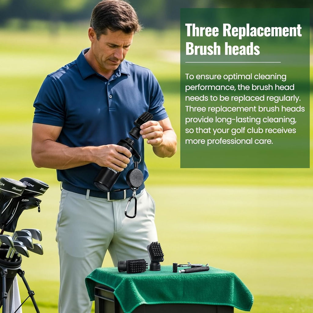Golf Club Brush Cleaner with Groove Sharpener, Includes 3 Replacement Brush Heads and 2 Retractable Clips - Essential Golf Accessories for Men, Ideal Golf Gifts and Cleaning Kit