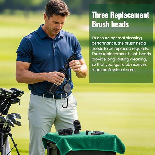 Golf Club Brush Cleaner with Groove Sharpener, Includes 3 Replacement Brush Heads and 2 Retractable Clips - Essential Golf Accessories for Men, Ideal Golf Gifts and Cleaning Kit